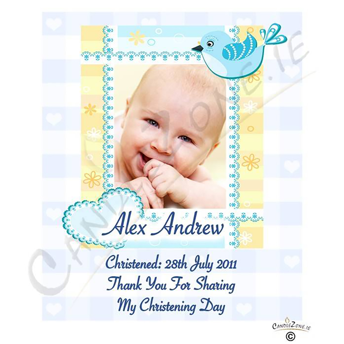 Thank you Christening Favour - Heart & Bird with Photo Blue