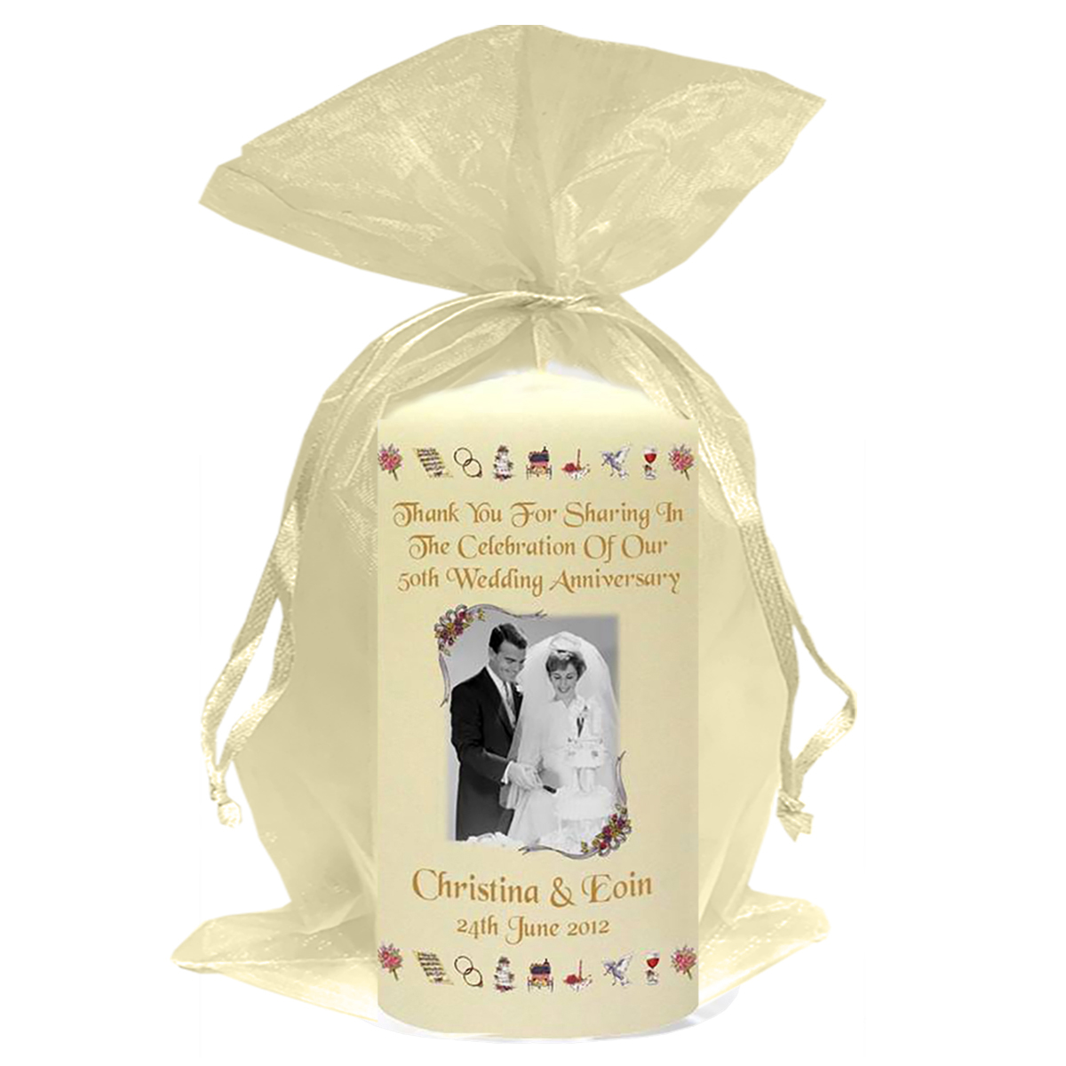 Personalised Wedding Anniversary Favour Candle - 50th Anniversary - Ribbons & Photo