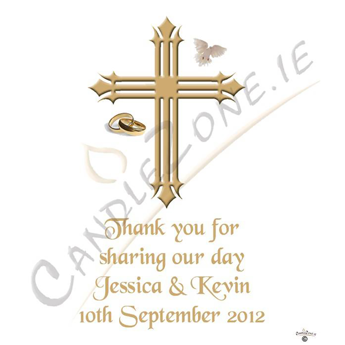 Personalised Thank you Wedding Favour - Cross with Dove & Rings Gold