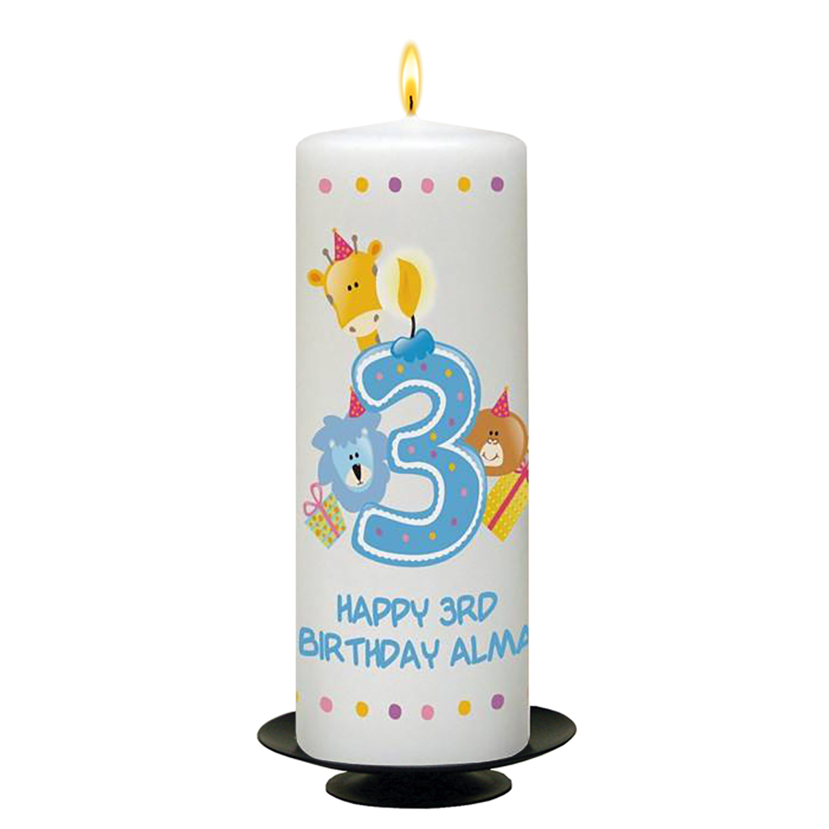 Personalised Birthday Candle - Age 3 - Animal Party & Photo