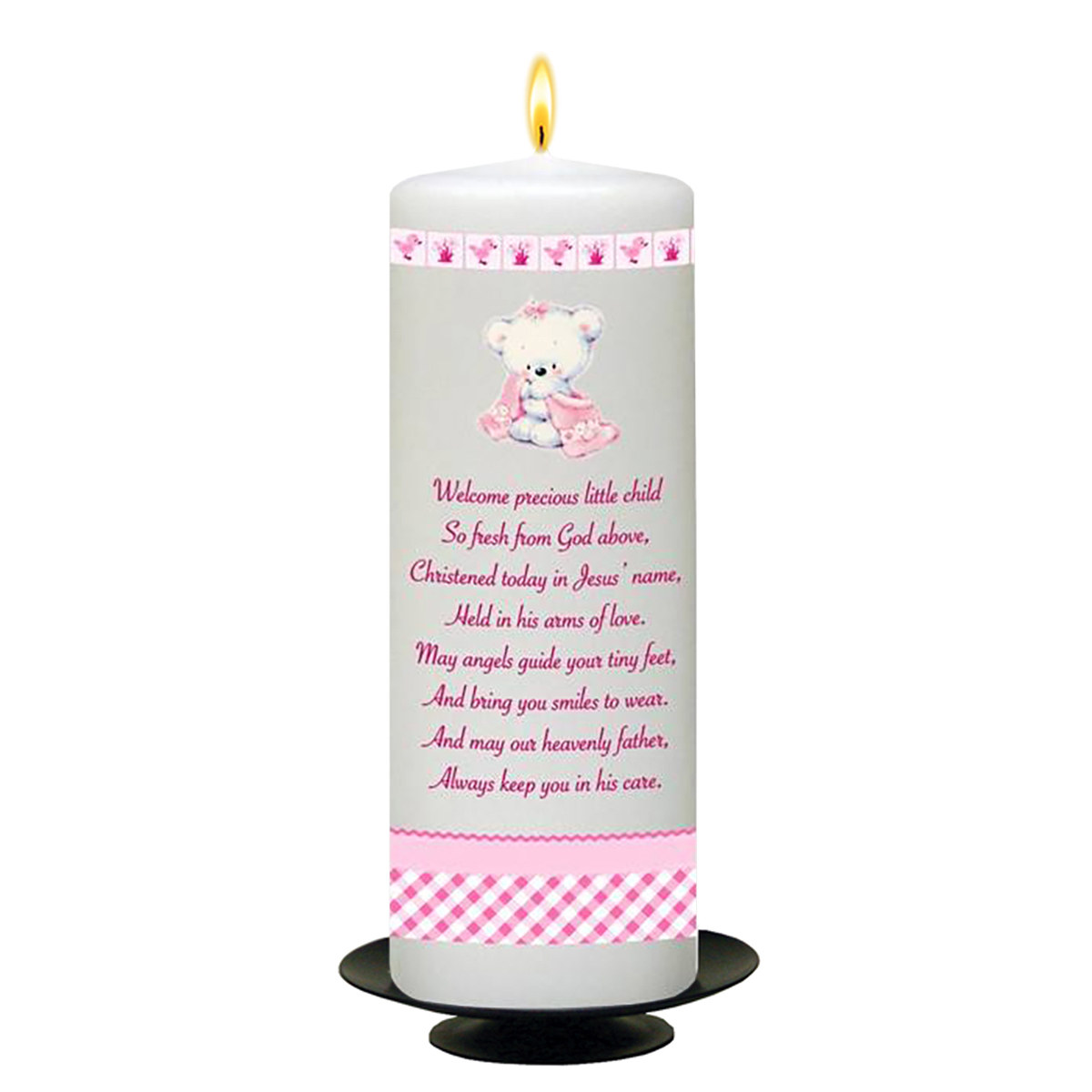 Personalised Girls Christening Candle - Hush Teddy Pink