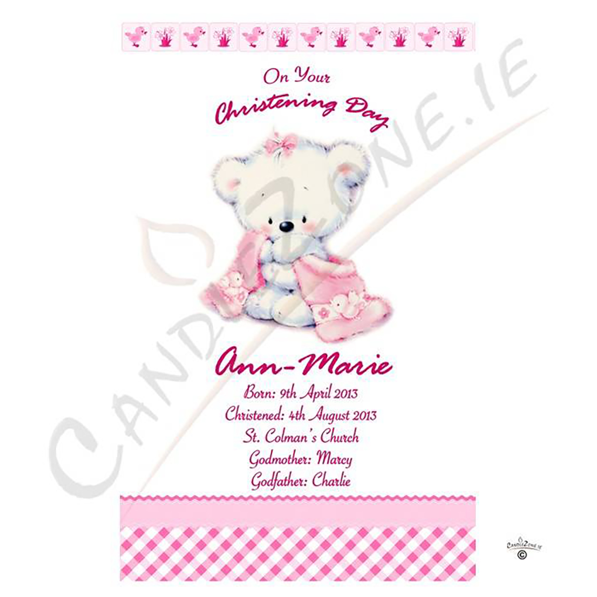 Personalised Girls Christening Candle - Hush Teddy Pink