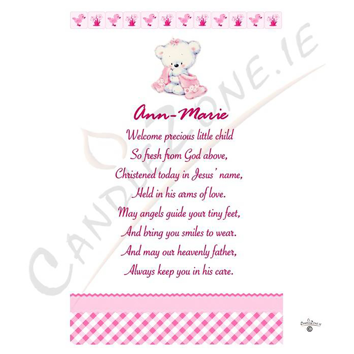 Personalised Girls Christening Candle - Hush Teddy Pink