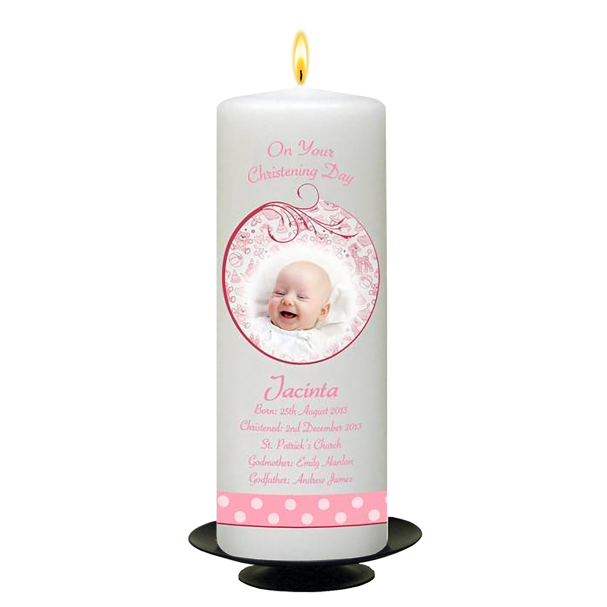 Personalised Girls Christening Candle - Teddy & Bubbles Pink with Photo