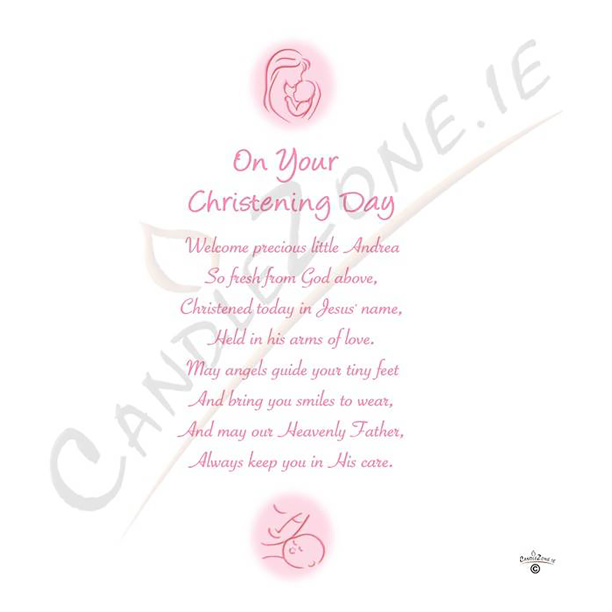 Personalised Girls Christening Candle - Mother & Child Pink with Photo