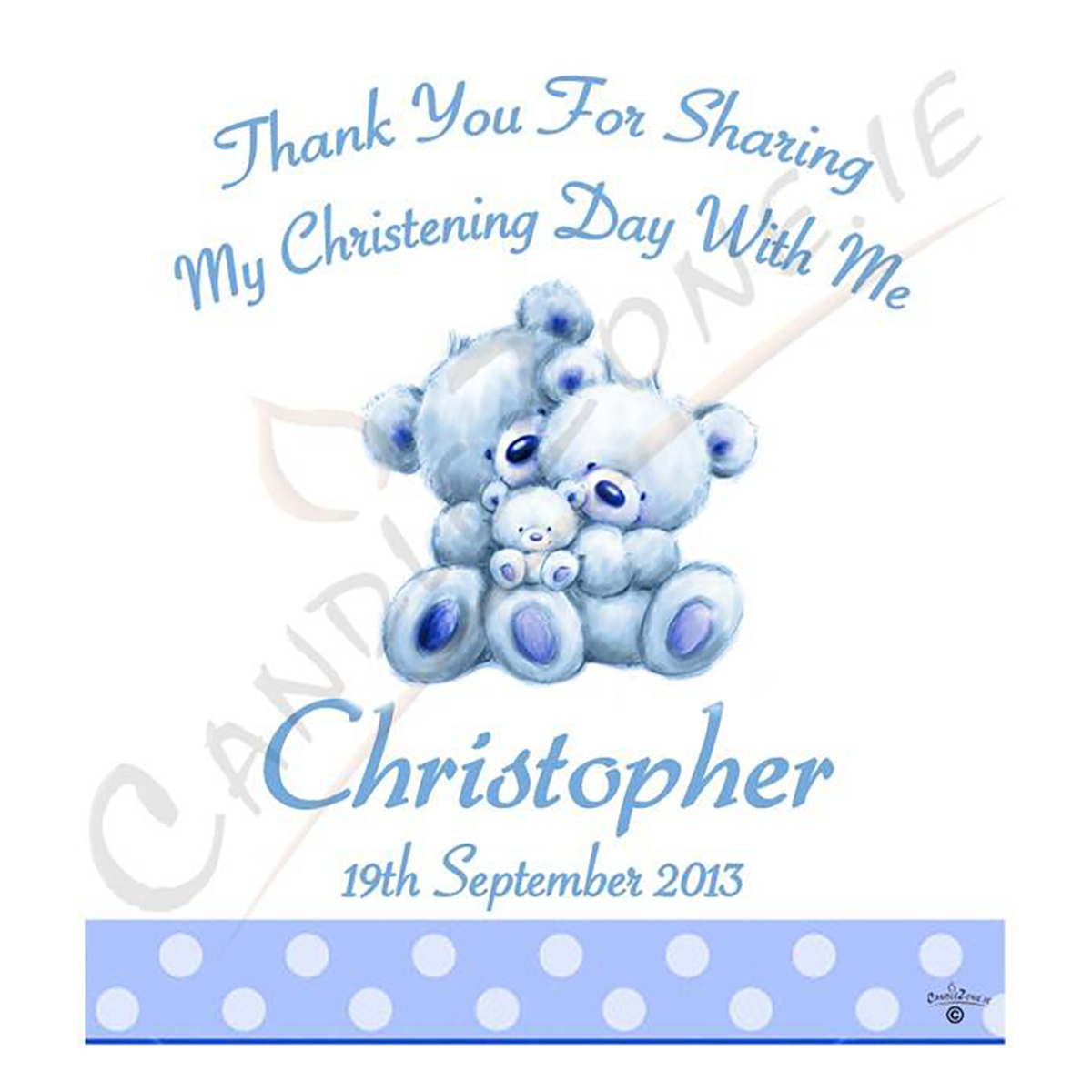 Thank you Christening Favour - Teddy & Bubbles Blue with Photo