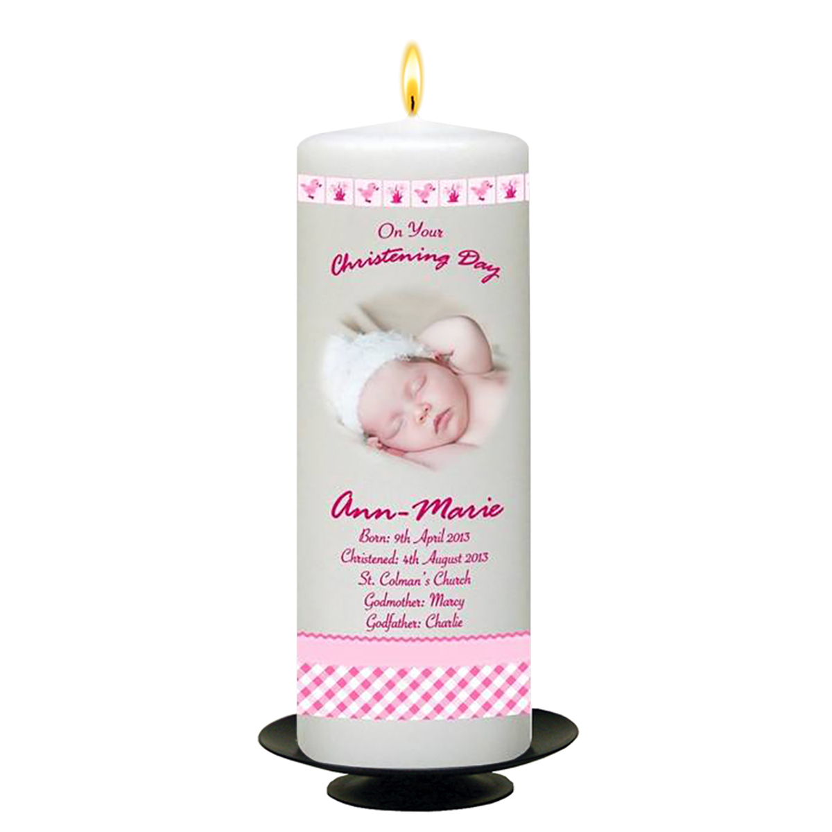 Personalised Girls Christening Candle - Hush Teddy Pink with Photo