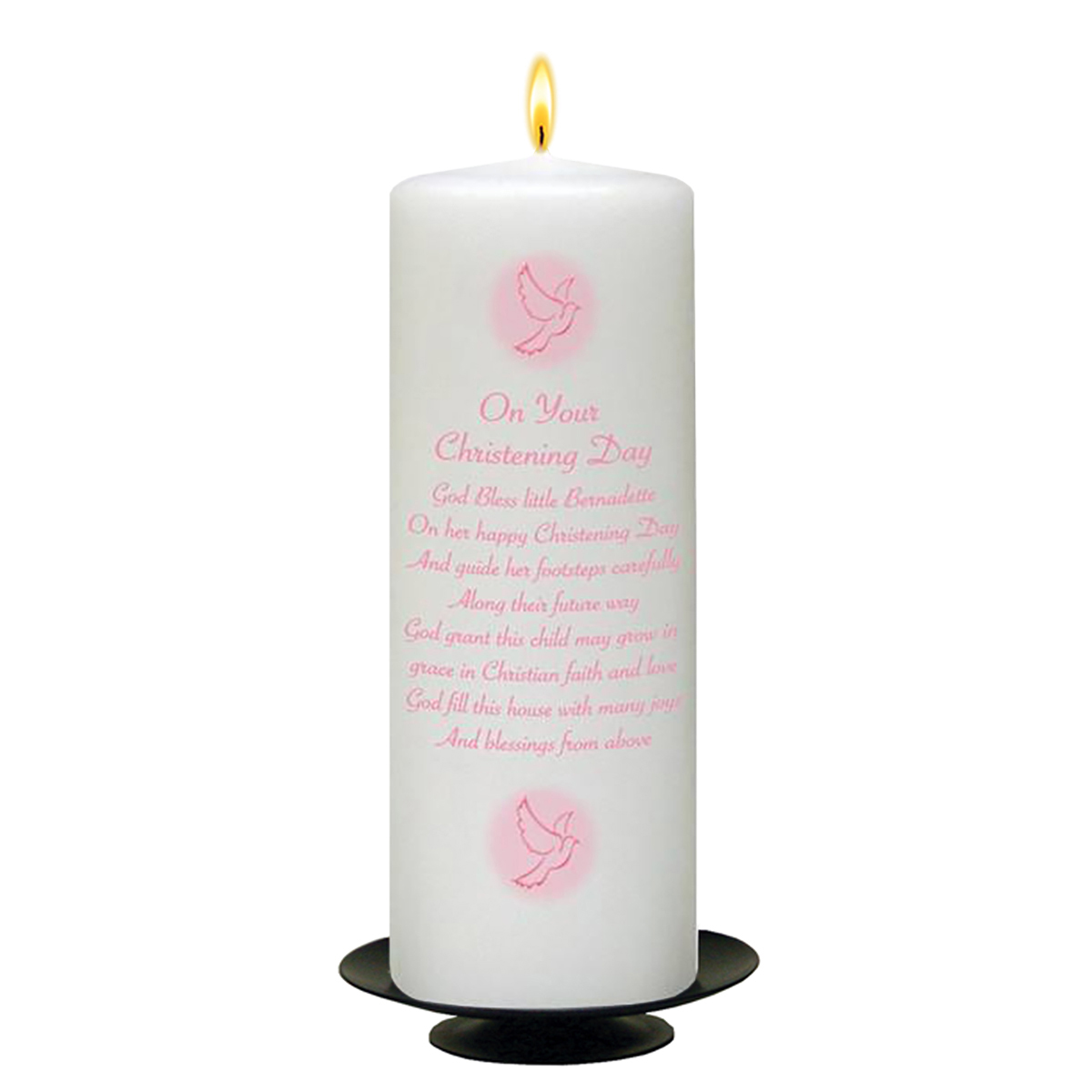 Personalised Girls Christening Candle - Flying Dove Pink with Photo