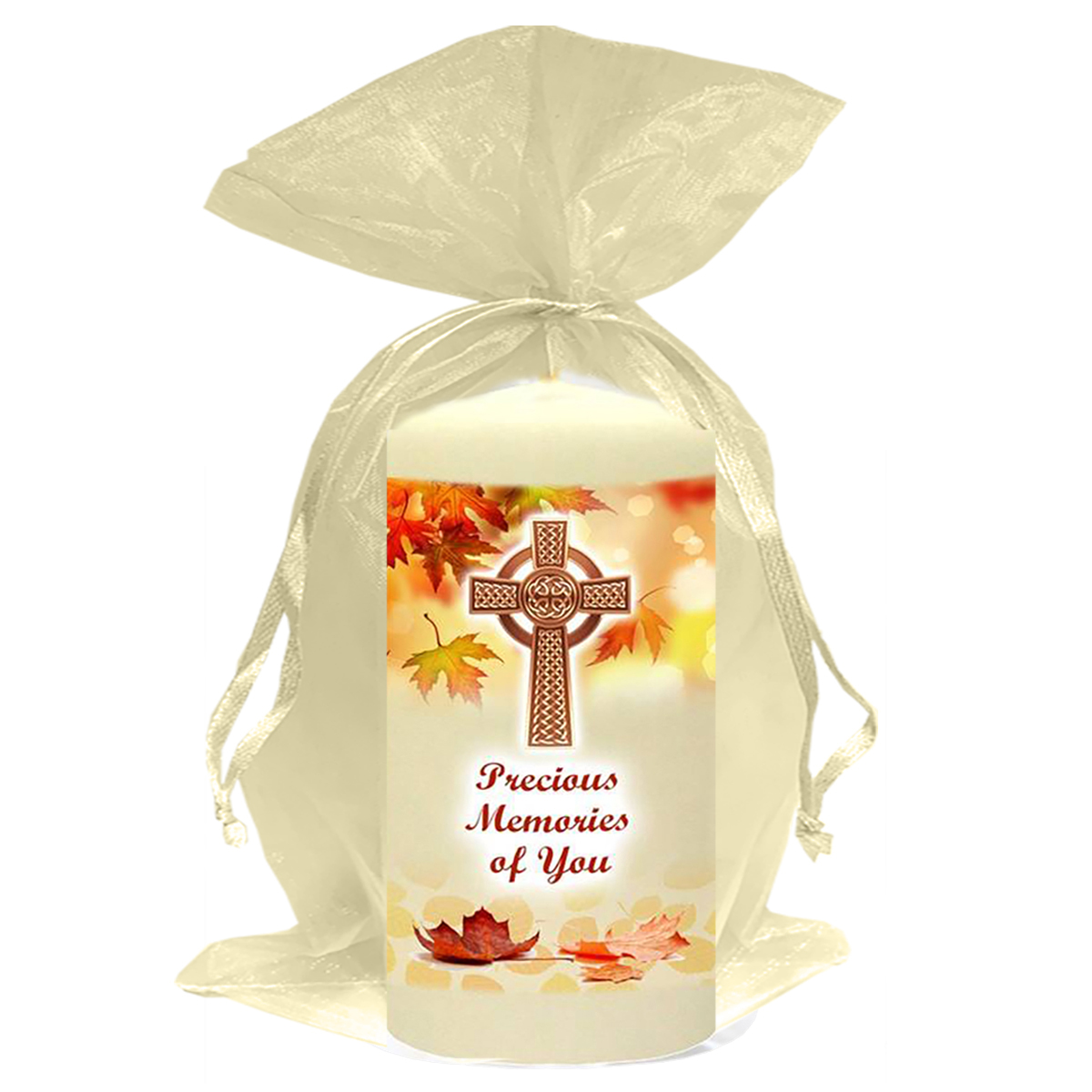 Personalised Remembrance Favour Candle - Celtic Cross & Autumn Leaves