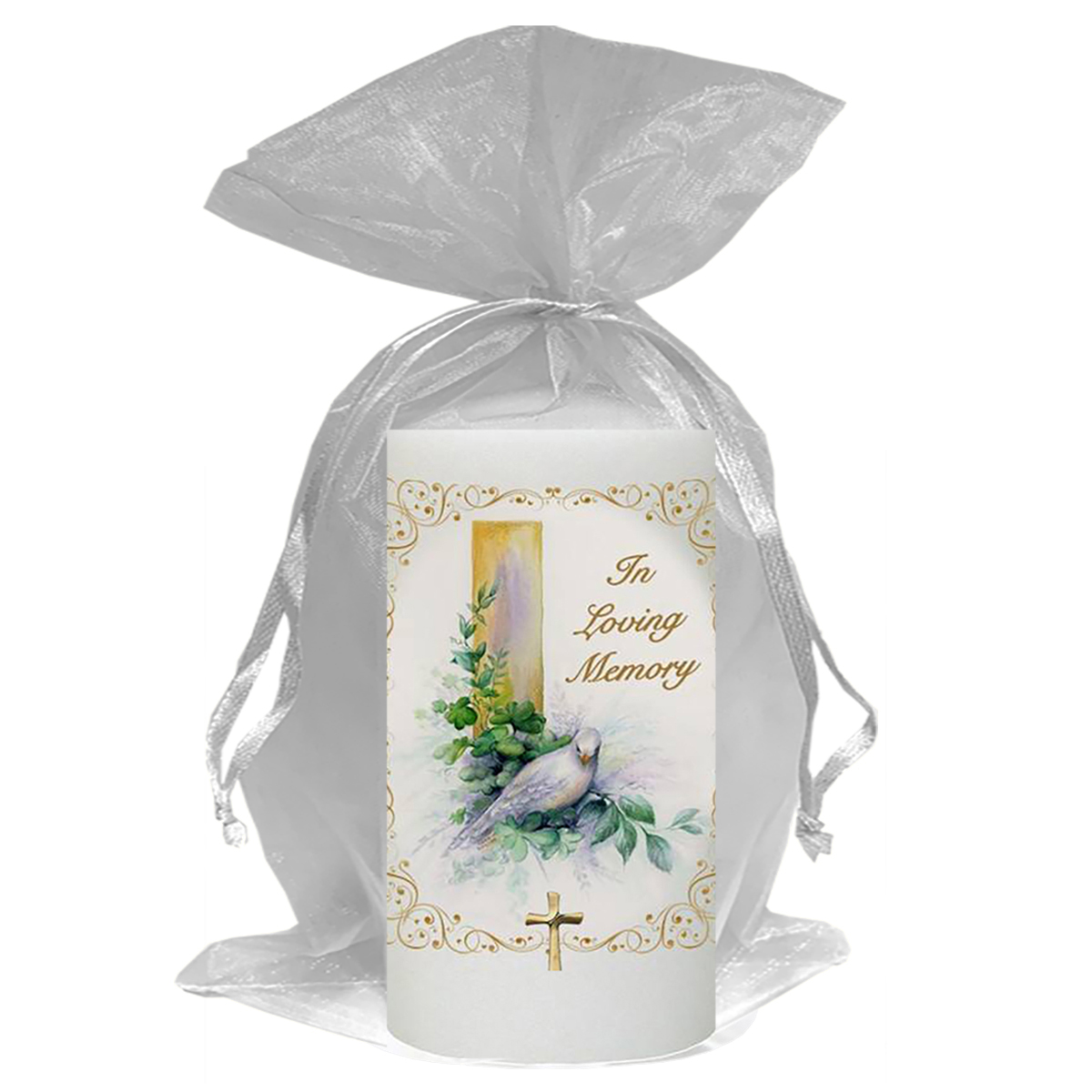 Personalised Remembrance Favour Candle - Resting Dove & Cross Gold