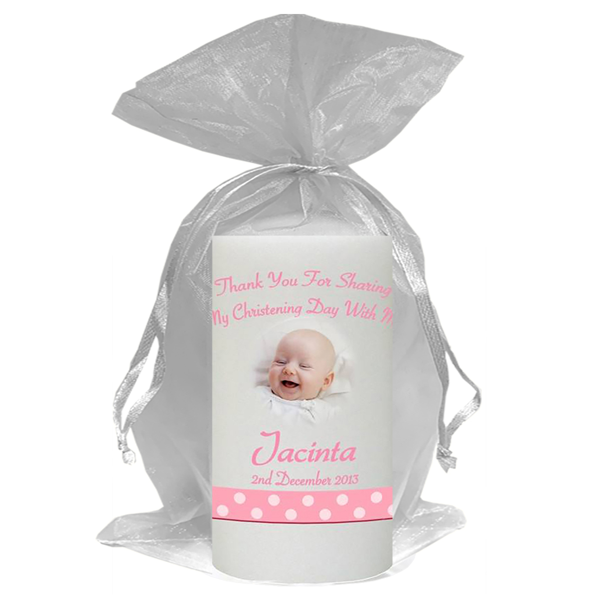 Personalised Girls Christening Candle - Teddy & Bubbles Pink with Photo