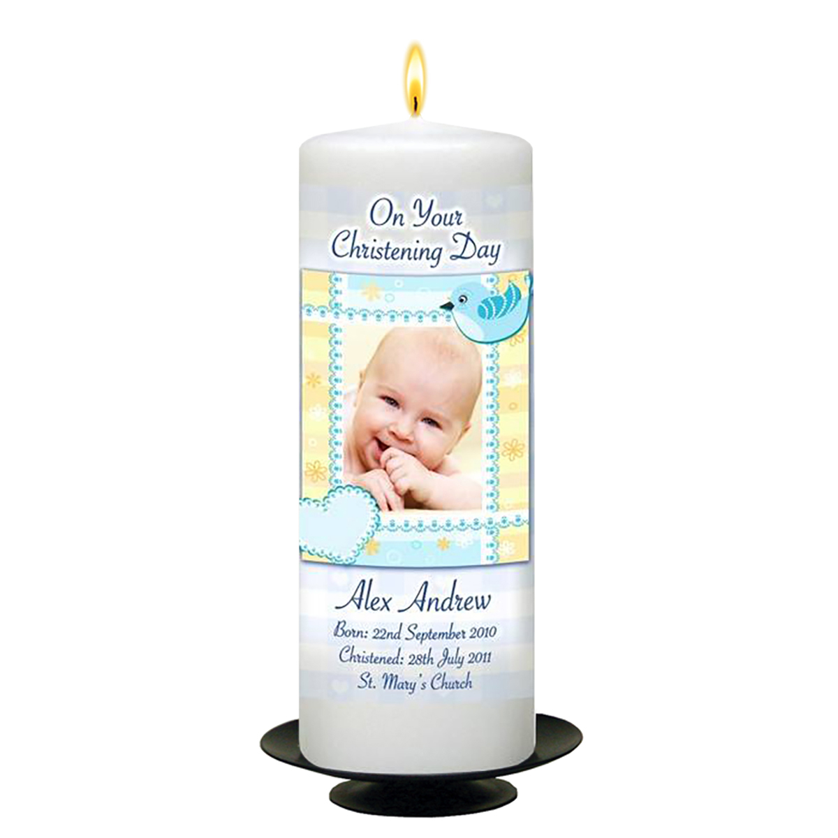 Personalised Boys Christening Candle - Heart & Bird Blue with Photo