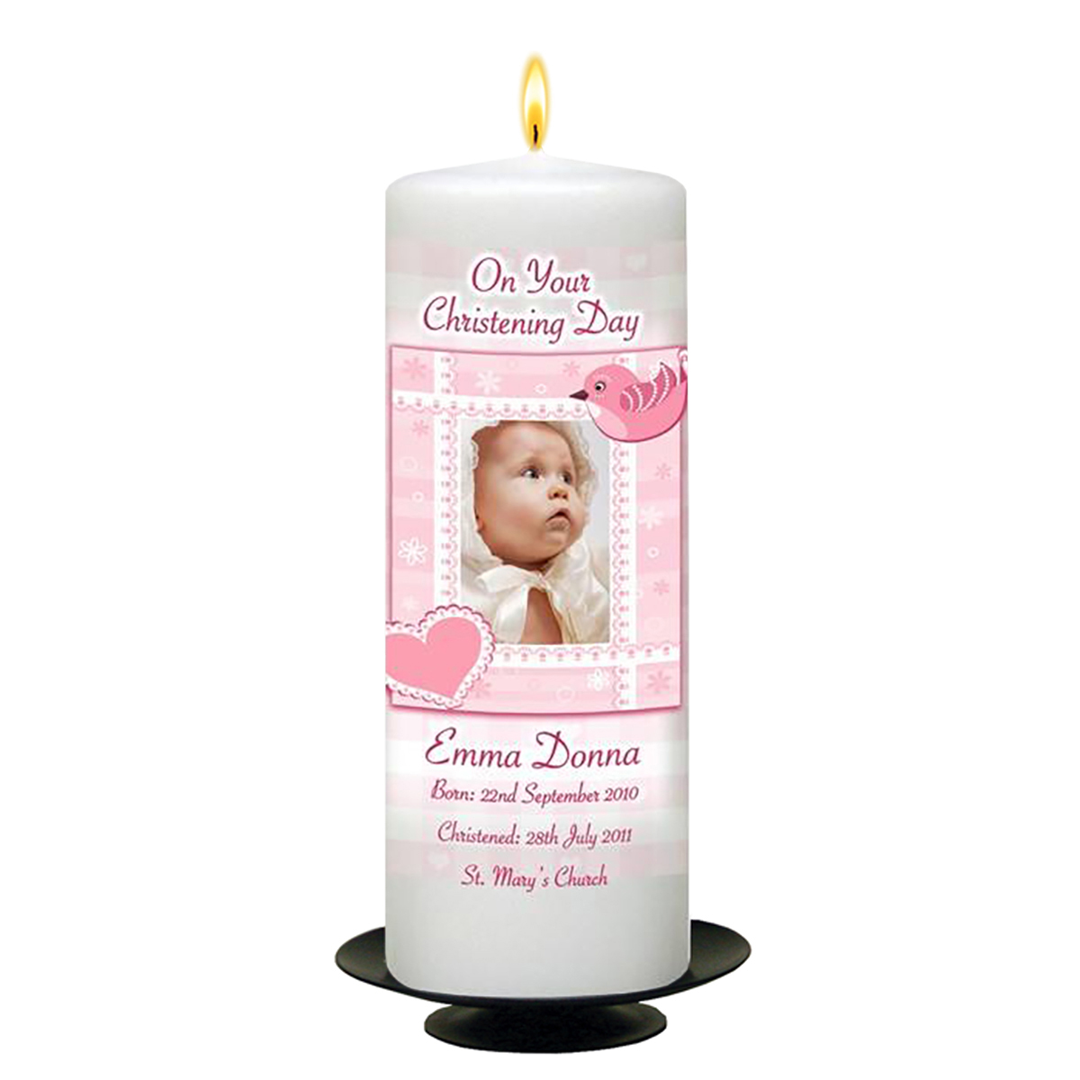 Personalised Girls Christening Candle - Heart & Bird Pink with Photo