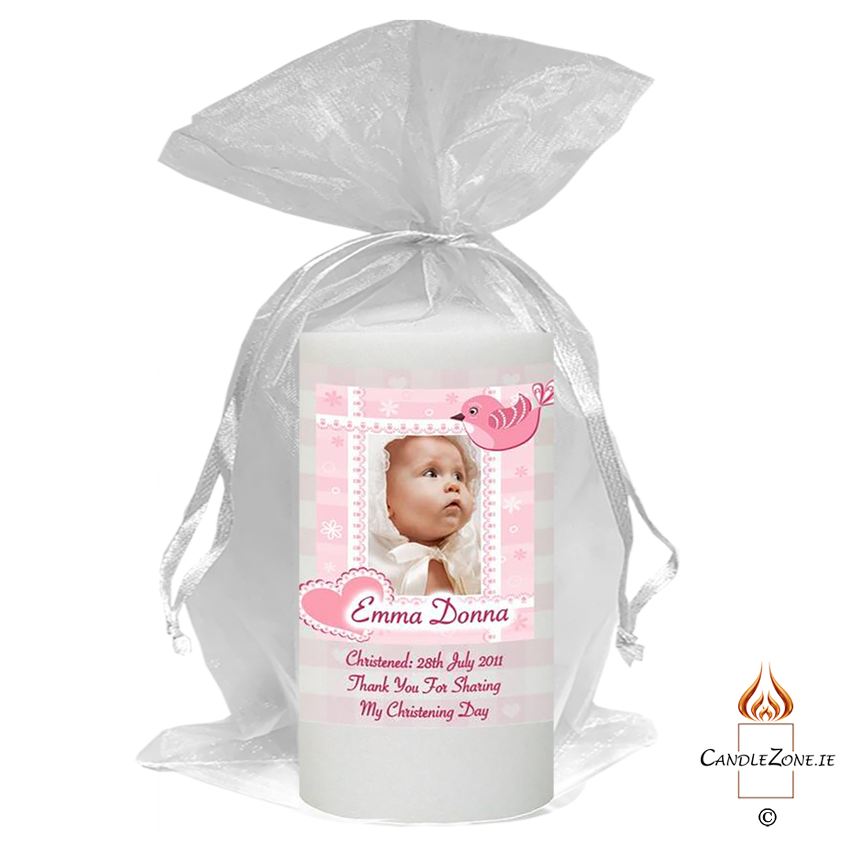Personalised Girls Christening Candle - Heart & Bird Pink with Photo