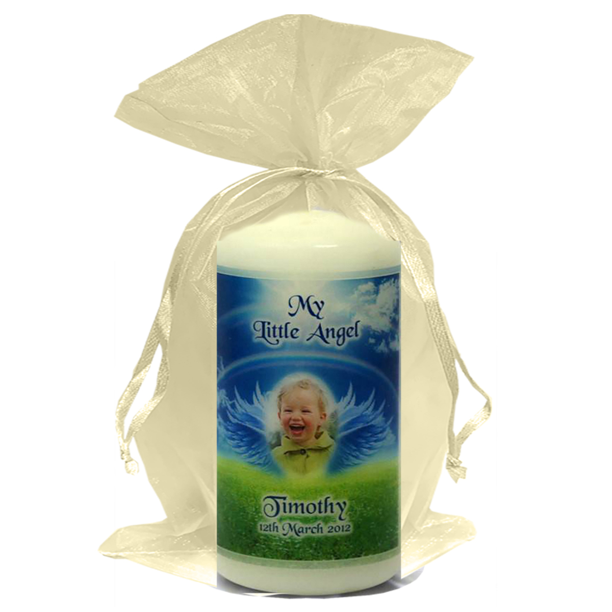 Personalised Remembrance Favour Candle - Wings & Rainbow Boy