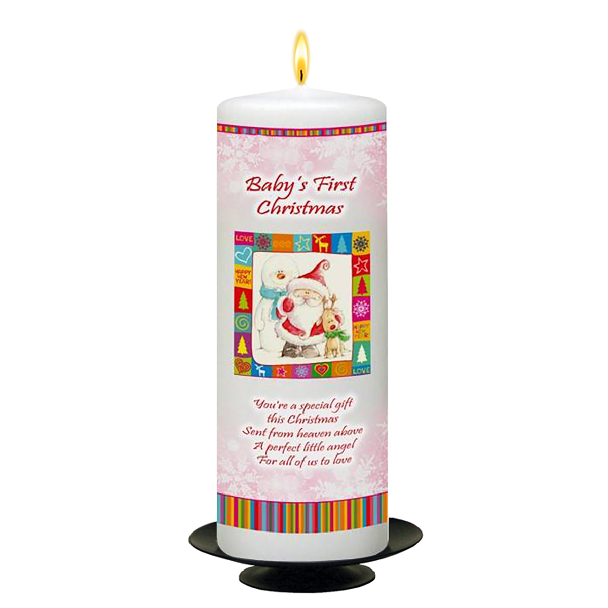 Personalised Babys 1st Christmas Candle - Red Snowflakes & Stripes