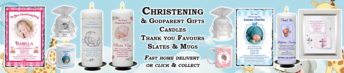 Made to order personalised Christening Candles, Thank you Favours, Photo Slates and Mugs