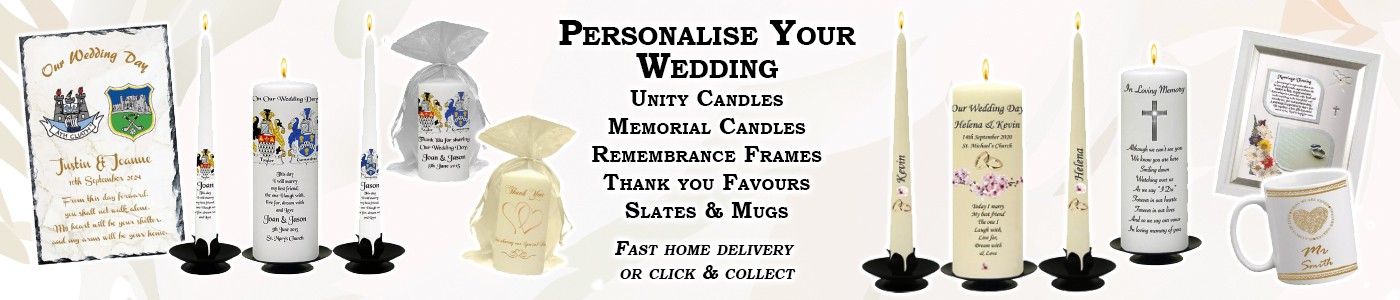 Personalise Your Wedding - Unity Candles, Remembrance Candles & Frames, Thank you Favours, Slates & Mugs