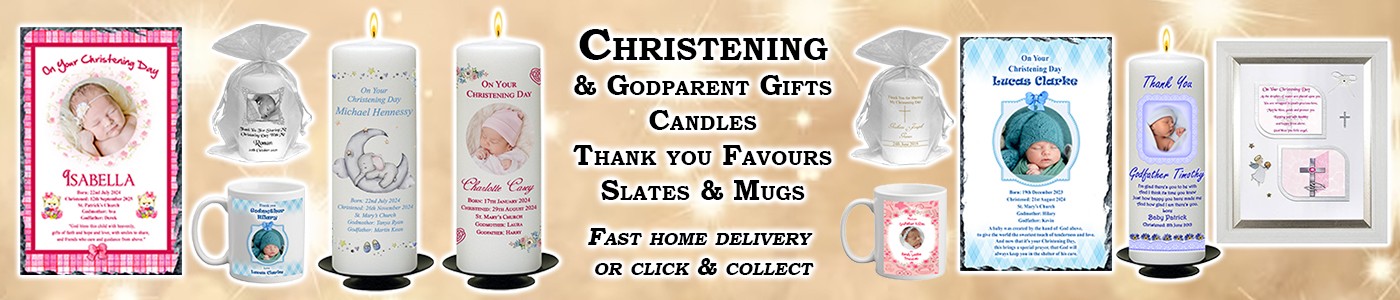 Made to order personalised Christening Candles, Thank you Favours, Photo Slates and Mugs